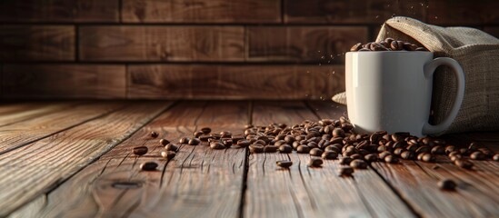 Poster - Coffee cup beans and sack on a wooden floor with a copy space image