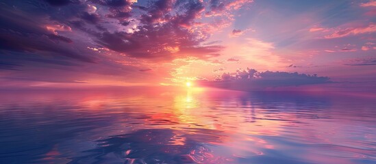 Poster - Tranquil sunset scene with sunbeam on a colorful romantic dusk sky creating a beautiful idyllic natural setting for a photo with copy space image