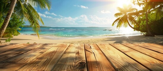 Poster - Ideal for showcasing summer products a wooden table with a blurred tropical beach backdrop featuring palm trees creating a fitting copy space image