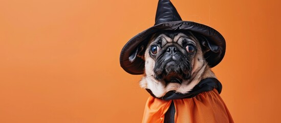 Sticker - Pug in a witch costume and wig perfect for Halloween isolated on an orange background with copy space image