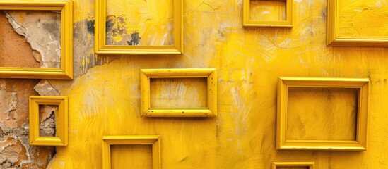 Aufkleber - Artistic frames hang against a vibrant yellow wall ready for use as a copy space image