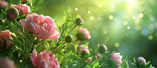 Poster - A blooming garden with pink peonies and buds in a close up copy space image against a vibrant green backdrop creating a beautiful bokeh effect