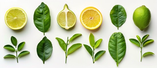 Poster - Set of green leaves from various citrus fruits isolated on a white background with copy space image