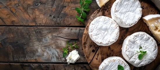 Sticker - Fresh soft cheese made from cow goat or sheep milk is a natural appetizer on a rustic table ideal for a meal or snack displayed with copy space in a top view food background