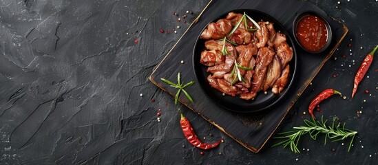 Wall Mural - Top view of fried duck tongue with spicy dip against a dark background perfect for a copy space image