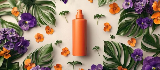Poster - An orange paper cosmetic bottle surrounded by viola flowers and leaves provides a charming frame for your text in this versatile copy space image