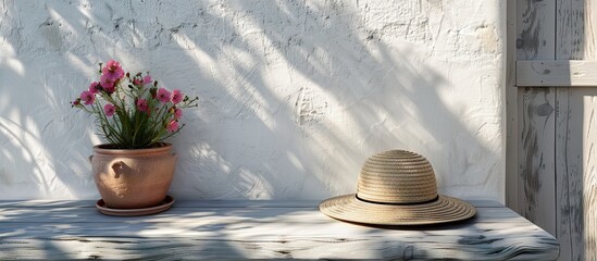 Aufkleber - White table displaying a summer hat with a Greek home interior background offering ample copy space image