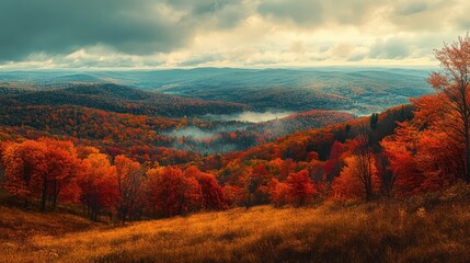 A view of rolling hills covered in autumn colors, under a soft, cloudy sky.