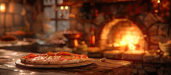 Poster - A traditional pizzeria setting with a stone stove and fire backdrop creates a cozy ambiance for a delicious pizza as shown in the copy space image