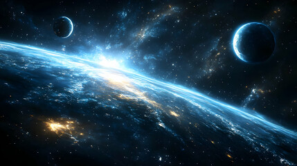 Wall Mural - A blue planet with two moons in a starry galaxy.