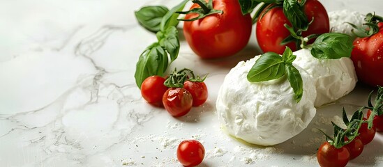Aufkleber - Fresh burrata cheese basil and tomatoes on a white table perfect for text Copy space image