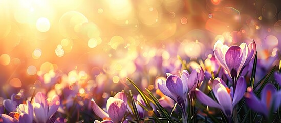 Fototapete - A vibrant spring scene with a mixture of crocuses in the morning light outdoors creating a beautiful background with bokeh effect perfect for a copy space image