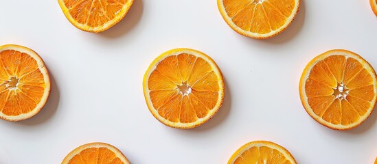 Fresh orange slices artfully displayed on a pristine white backdrop with copy space image