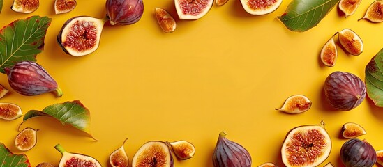 Aufkleber - A frame composed of fresh fruits and sweet dried figs arranged on a yellow background providing copy space for an image