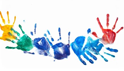 Poster - color splash and multicolored handprints on white background blue cold tone