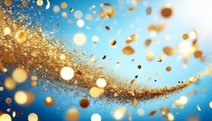 Wall Mural - gold confetti on blue background golden sparkle glitter dust abstract design happy new year card greeting xmas holiday celebrate shine trail tail magic comet
