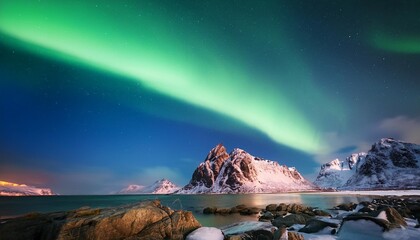 Poster - mountainous landscape under a vibrant aurora borealis