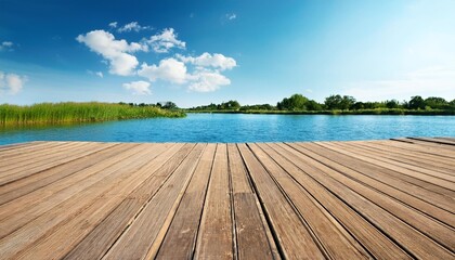 Wall Mural - wooden deck at lake under blue sky