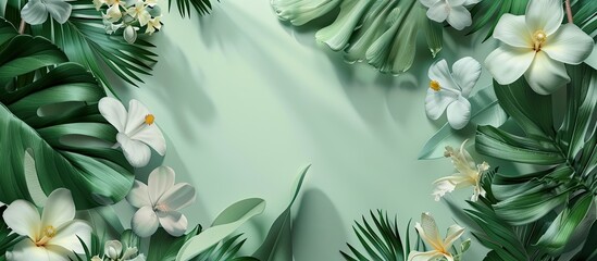Leinwandbilder - A light green background adorned with tropical leaves and flowers creates a summer themed copy space image