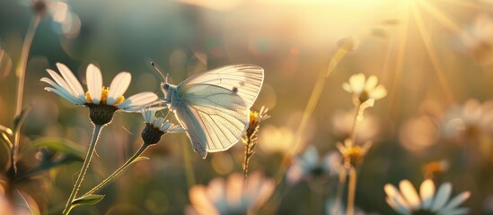 Leinwandbilder - A white butterfly perches on a flower in a sunlit field on a summer day creating an ideal copy space image