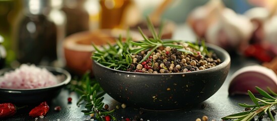 Poster - Rosemary and various spices used for seasoning provide the concept of enhancing flavor in dishes. Creative banner. Copyspace image