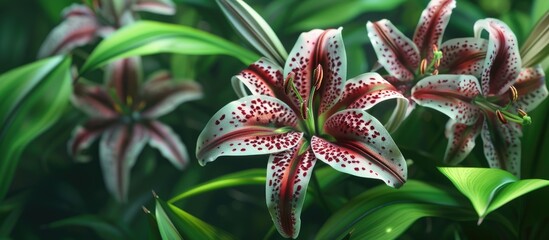 Sticker - Enjoy the view of dark maroon and white Checkered Lily flowers in a spring garden with vibrant green leaves in the foreground perfect for your copy space image