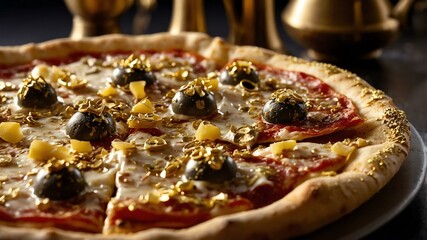 stock photography goldcovered pizza with a background of expensive fine dining restaurant