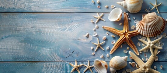 Leinwandbilder - Table background with sea shells or starfish representing a summer theme ideal for texts with a copy space image