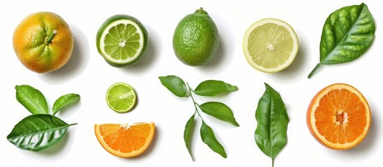 Aufkleber - Set of green leaves from various citrus fruits isolated on a white background with copy space image