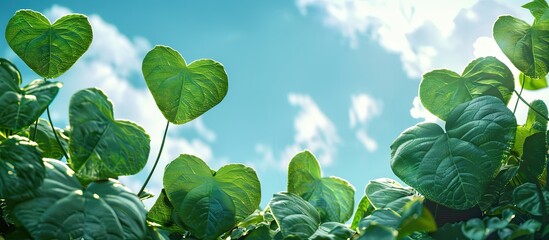 Fototapete - Green heart shaped leaves against a sky backdrop provide a scenic nature view in a garden offering a beautiful copy space image amongst lush greenery