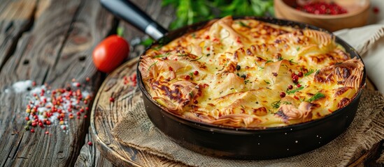 Canvas Print - A delicious Khachapuri cake with cheese and meat fried in a pan highlighting authentic Georgian cuisine displayed on a rustic brown concrete background with an open space for additional content