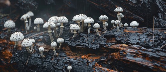 Wall Mural - copy space image of white mushrooms growing on charred logs in the forest during the rainy season