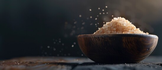 Poster - On a dark backdrop lies cane sugar in a bowl with a blurred background perfect for adding text or other elements in the unused space within the image. Creative banner. Copyspace image