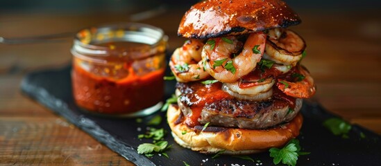 Sticker - A close up image featuring a burger topped with shrimp and meat on a black napkin with a jar of red sauce next to it providing copy space within the frame