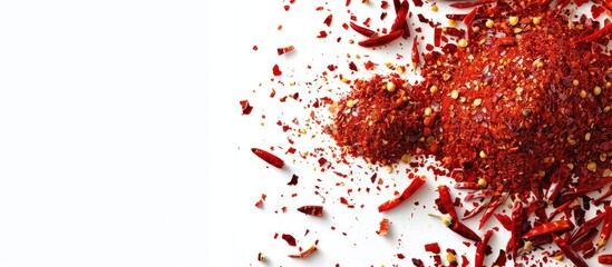 Canvas Print - A textured organic Kashmiri red chili pepper powder with flakes set against a white background with ample copy space image