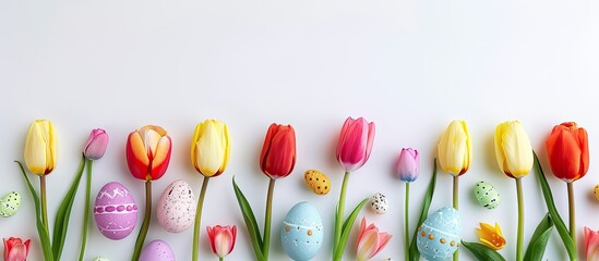 Sticker - Copy space image featuring vibrant tulips and eggs against a white backdrop embodying the essence of Spring and Easter celebrations