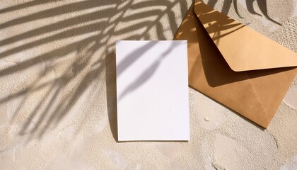 Poster - empty vertical greeting card invitation mockup craft envelope beige limestone background in sunlight palm leaf shadow overlay modern branding template tropical summer vacation flat lay top