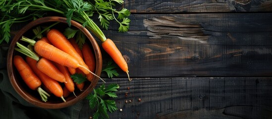 Aufkleber - Bowl with baby carrots and green leaves on a wooden table with room for a text in the copy space image
