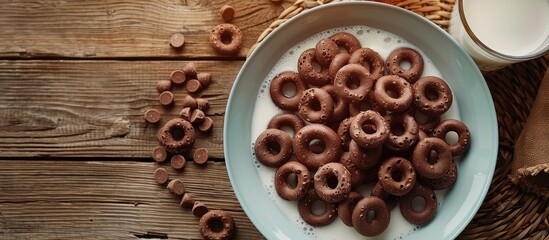 Poster - Chocolate and corn cereal rings on a plate with milk set against a wooden rustic backdrop offering a blank space for images. Creative banner. Copyspace image