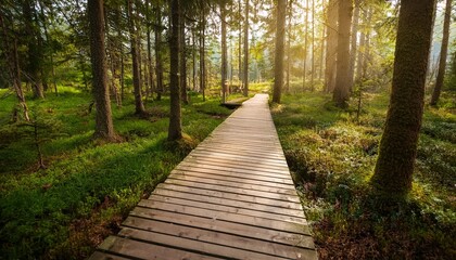 Wall Mural - wooden boardwalk in the forest