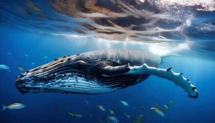 Wall Mural - humpback whale swimming under the ocean waves with fish