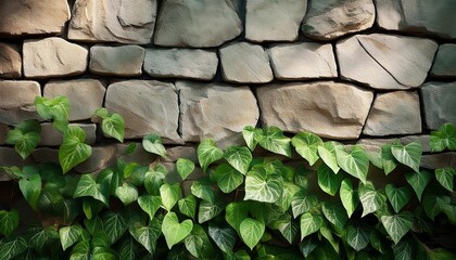 Canvas Print - stone wall background with green plant and copy space