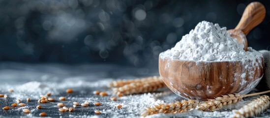 Poster - Rustic background with a wooden spoon holding flour and wheat grains in a bowl perfect for a copy space image