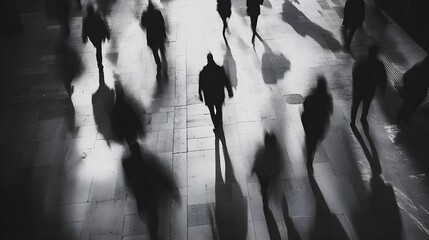 Moody Black and White Silhouette of People Walking on Urban Pedestrian Street