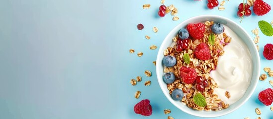 Aufkleber - A delicious granola breakfast featuring yogurt berries on a light blue table A banner design with open space for text and accompanied by a captivating image. Creative banner. Copyspace image