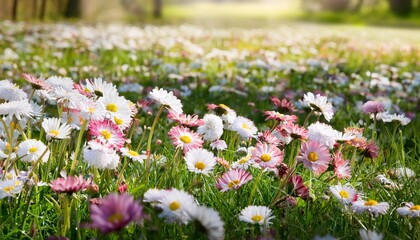 Canvas Print - meadow with lots of white and pink spring daisy flowers in sunny day