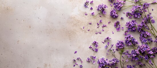 Leinwandbilder - Top down perspective of purple blooms against a neutral backdrop Picture includes room for adding text or elements. Creative banner. Copyspace image