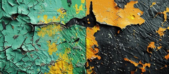 Aufkleber - Abstract grunge background featuring a colorful damaged painted wall with green black yellow and orange hues adorned with dry plants offering room for a copy space image