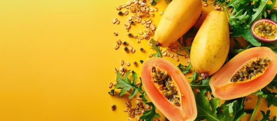 Aufkleber - Halved papayas rucola and granola with copy space set on a yellow background alongside slices of sweet papaya and passion fruit