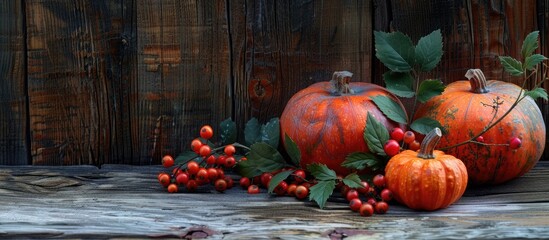 Poster - Fall themed still life with pumpkins and berries on a rustic wooden backdrop showcasing a vibrant scene with copy space image